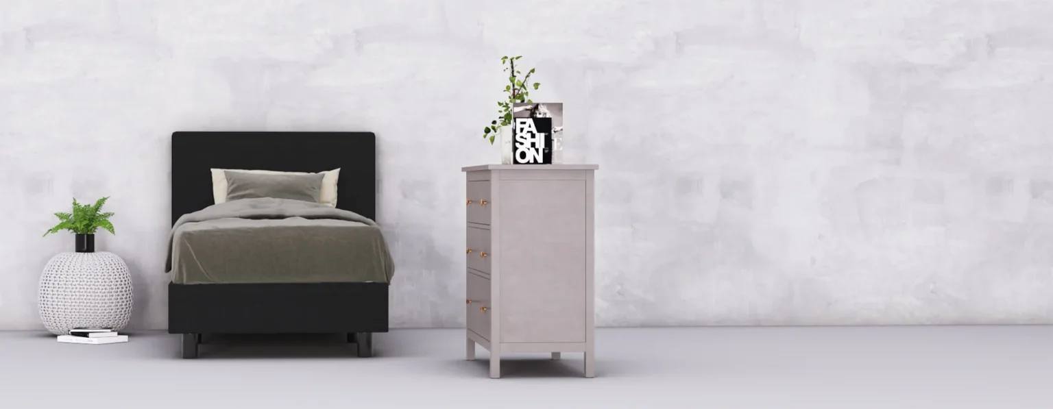 erkendmatras boxspring hoofdbord vlak stof zwart slaapkamer