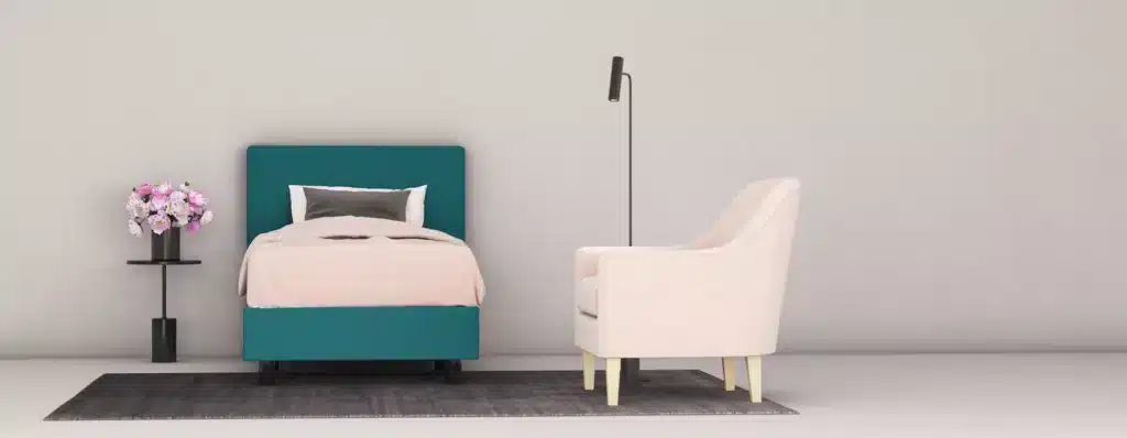 erkendmatras boxspring hoofdbord vlak stof turqoise slaapkamer
