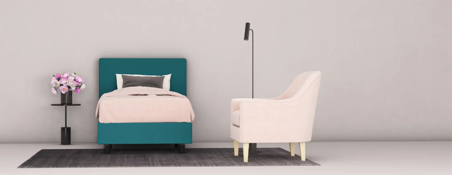 erkendmatras boxspring hoofdbord vlak stof turqoise slaapkamer