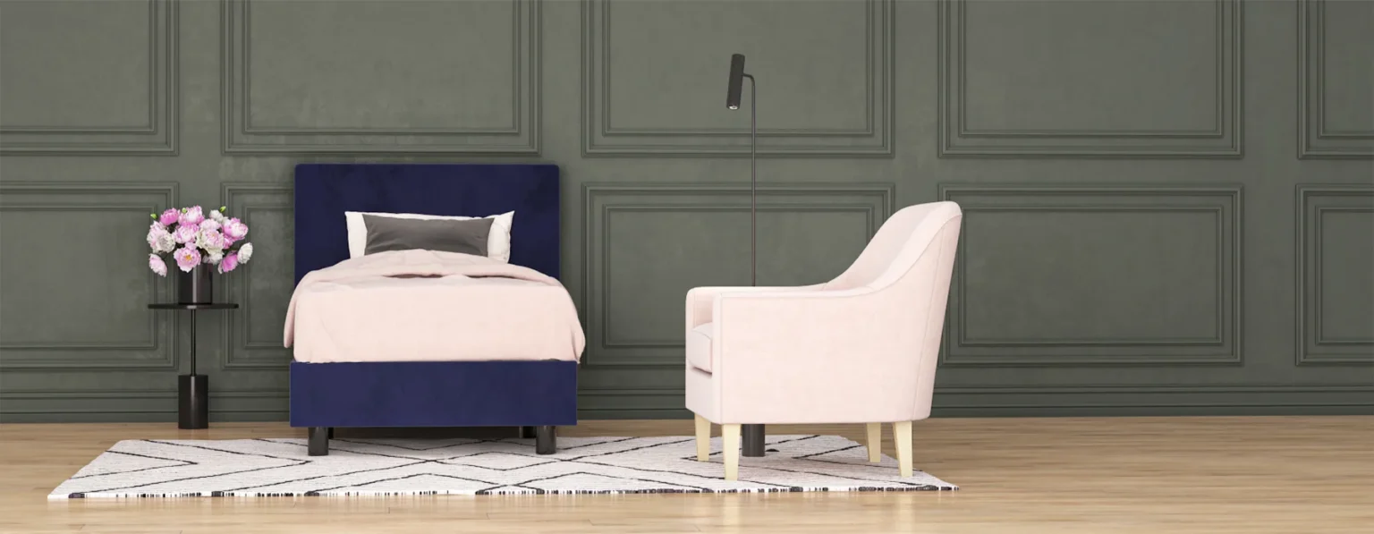 erkendmatras boxspring hoofdbord vlak velvet blauw slaapkamer