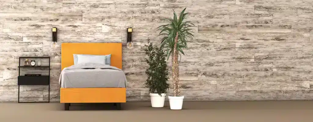 erkendmatras boxspring hoofdbord vlak velvet oker geel slaapkamer