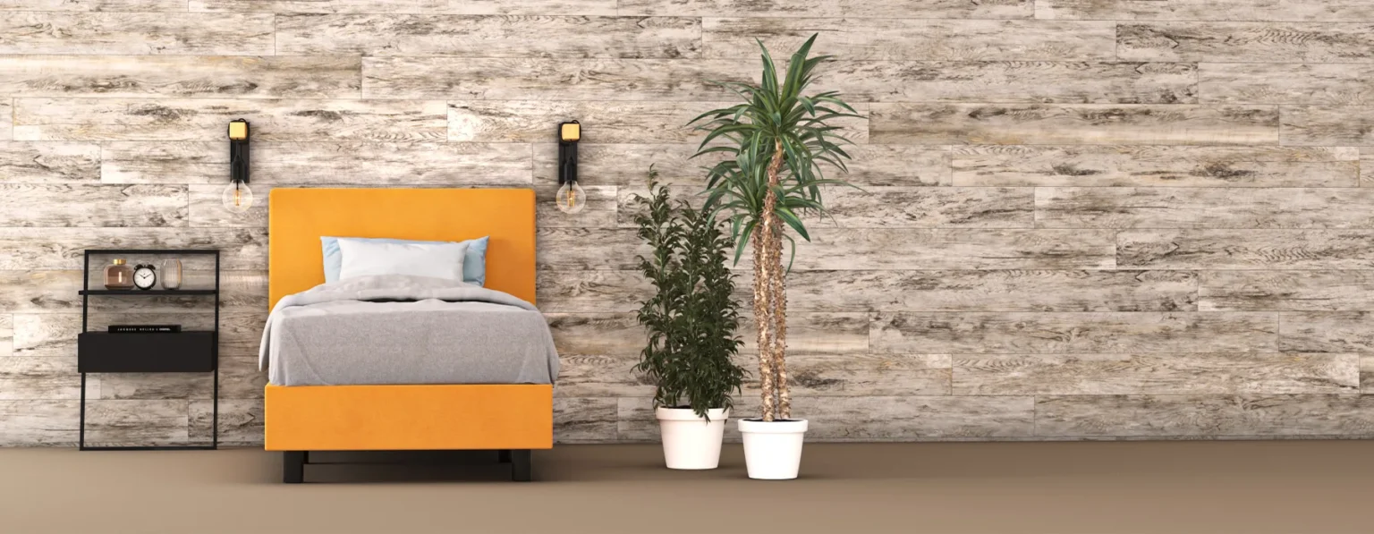 erkendmatras boxspring hoofdbord vlak velvet oker geel slaapkamer