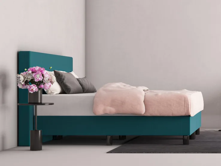 erkendmatras boxspring hoofdbord vlak stof turqoise