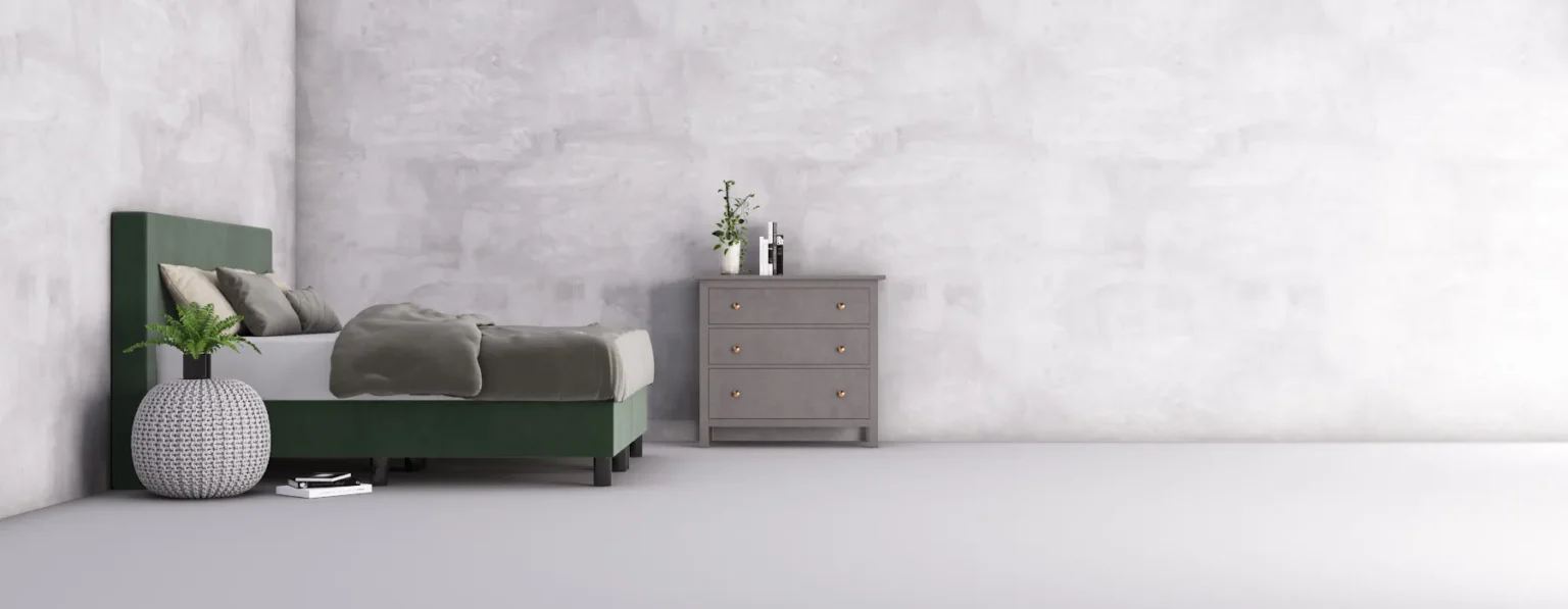 erkendmatras boxspring hoofdbord vlak velvet donkergroen slaapkamer