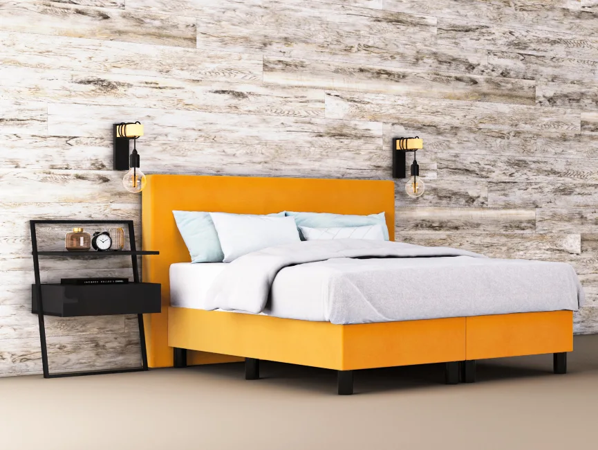 erkendmatras boxspring hoofdbord vlak velvet oker geel