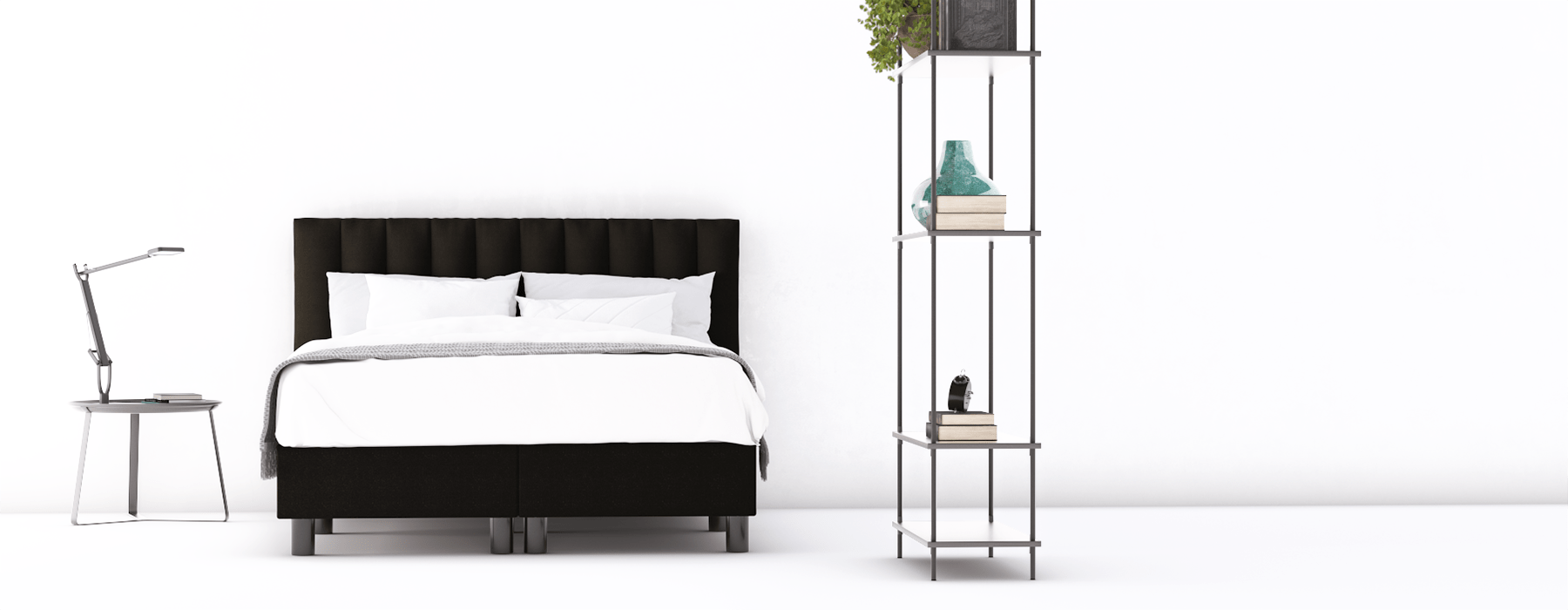 erkendmatras boxspring hoofdbord banen stof zwart slaapkamer