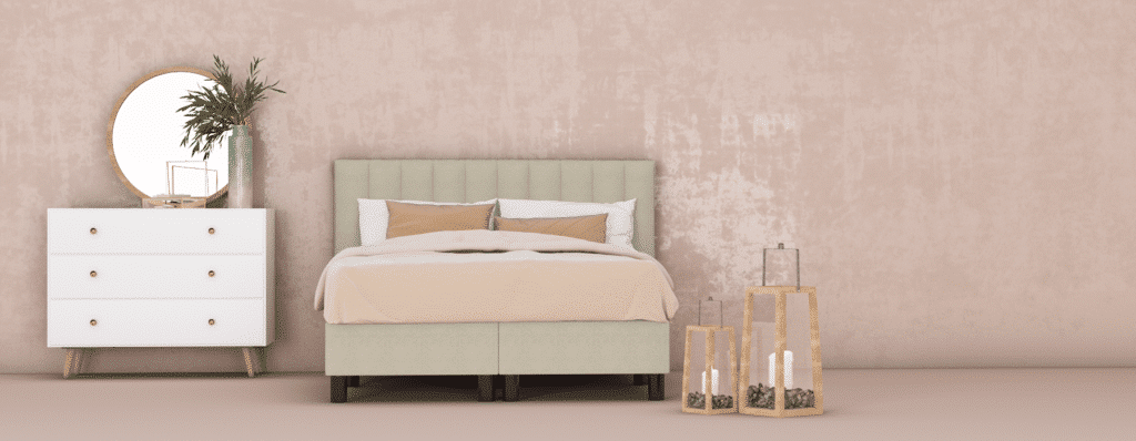 erkendmatras boxspring hoofdbord banen stof beige slaapkamer