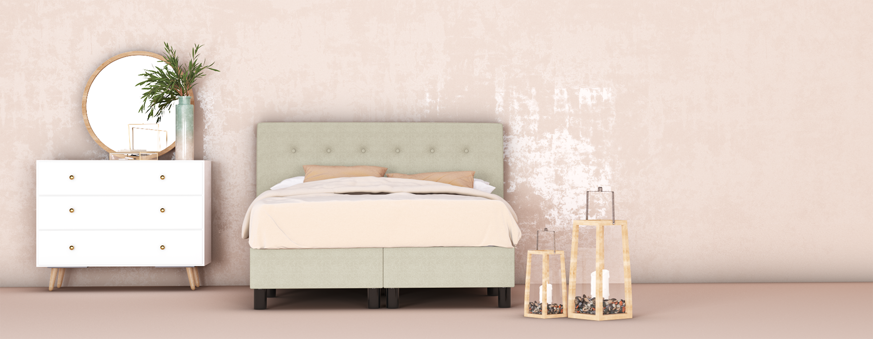 erkendmatras boxspring hoofdbord knopen stof beige