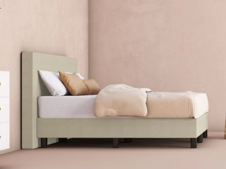 erkendmatras boxspring hoofdbord vlak stof beige zijaanzicht