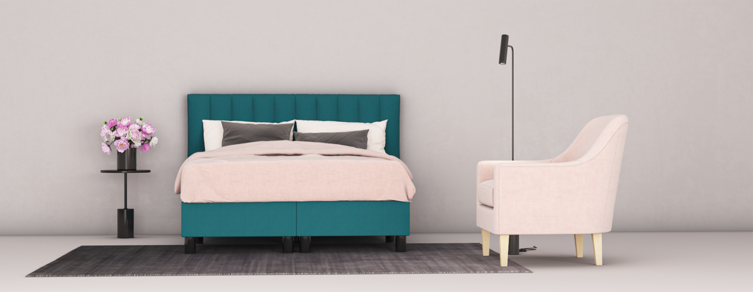 erkendmatras boxspring hoofdbord banen stof turqoise slaapkamer