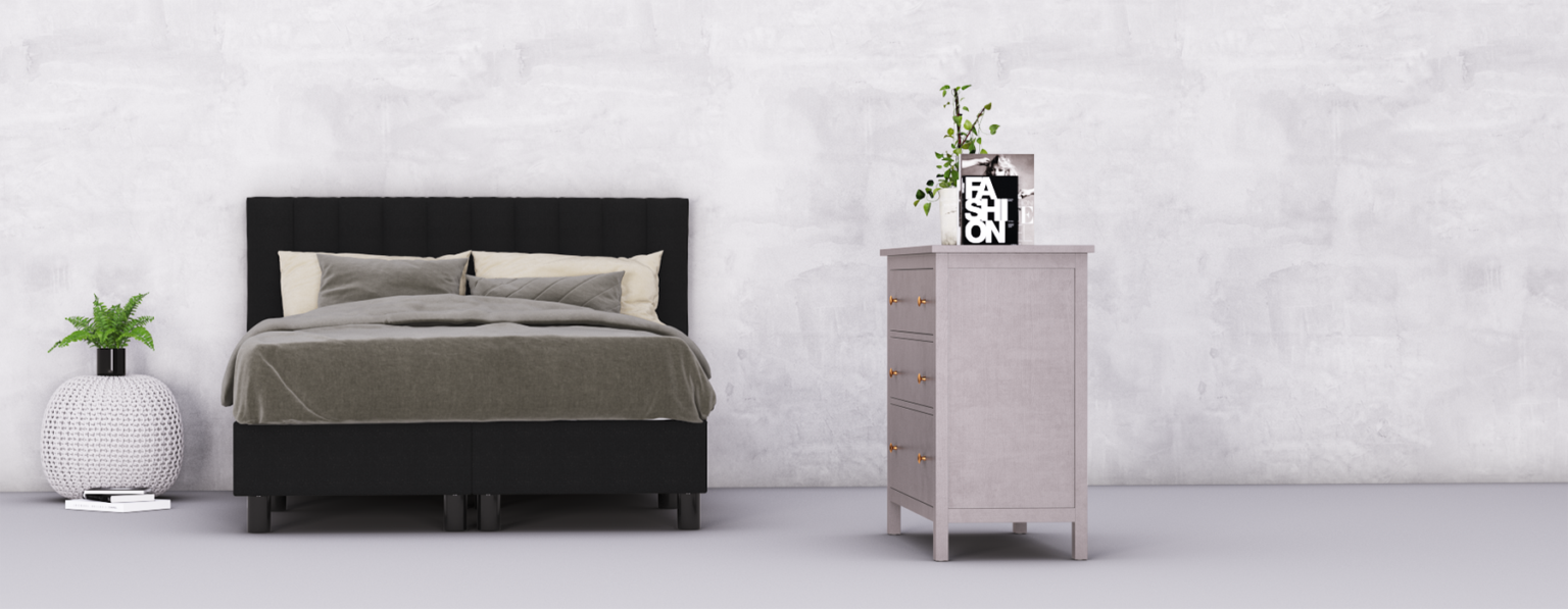 erkendmatras boxspring hoofdbord banen stof zwart slaapkamer