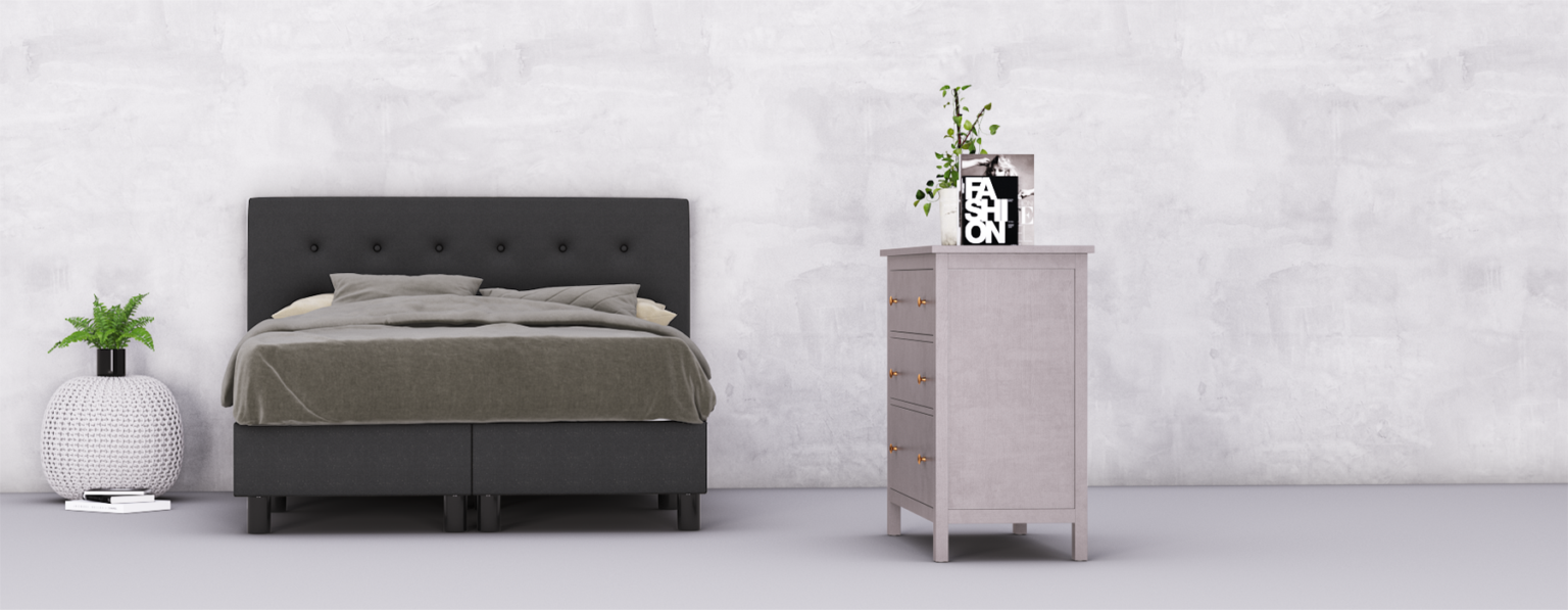 erkendmatras boxspring hoofdbord knopen stof zwart