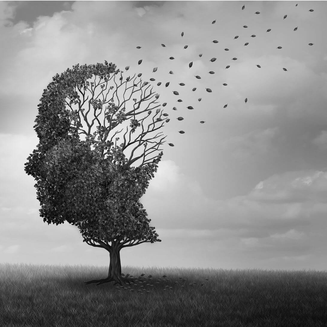 Animatie die alzheimer uitbeeldt, in de vorm van blaadjes die uit een boom met de vorm van een mensenhoofd komen.