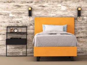 erkendmatras boxspring hoofdbord vlak velvet oker geel slaapkamer