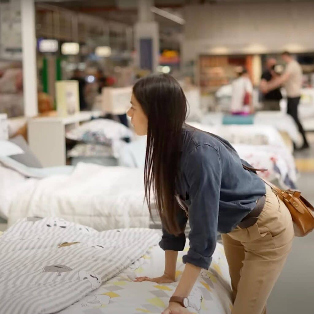 Vrouw wil goedkoop matras kopen en is in de winkel rond aan het kijken