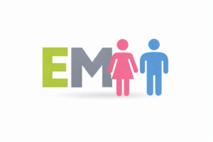 EM logo en man en vrouw